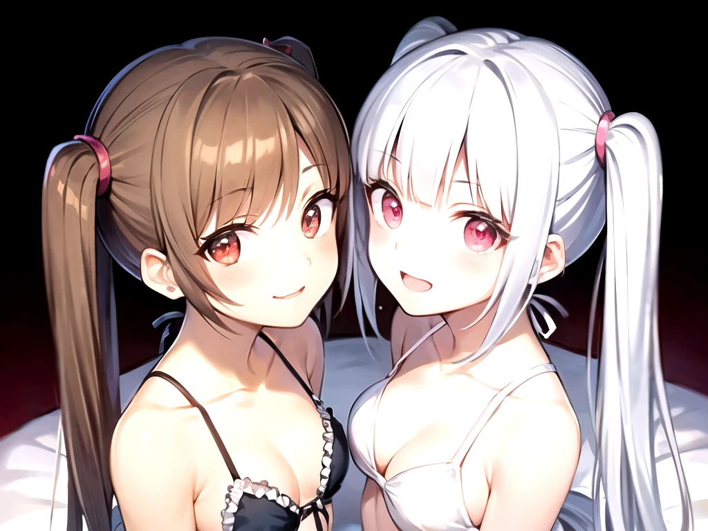 Two beautiful girls、Swimwear、Gray Hair、Twin tails in a high position、red eyes、blush、Patsun、Young face、Small breasts、Hugs、On the bed、White skin