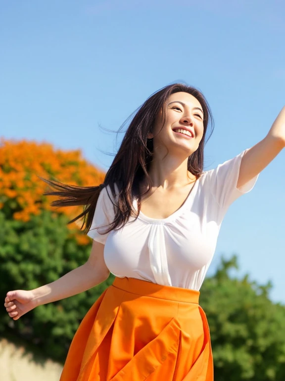 Japanese Beautiful woman beauty Large Breasts 30 years old Perfect body A little to the right Full body photo Beautiful Face Standing looking up at the sky Long hair with a smile Orange ruffled skirt White blouse