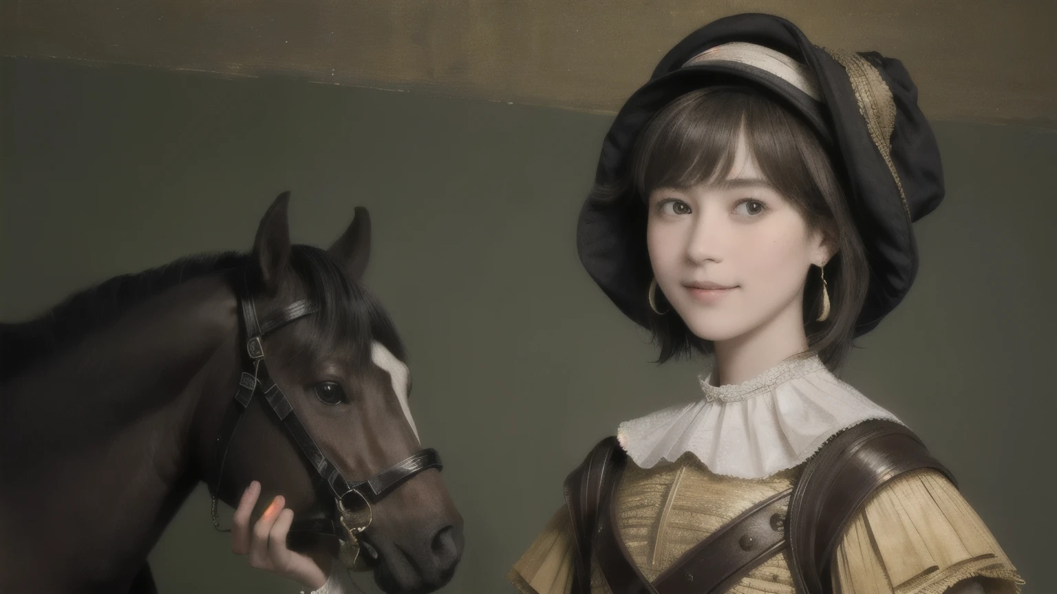 221 Short Hair, 20-year-old woman, A kind smile, (Luxurious stables), (Rembrandt-style painting), (Focus on the face, Written boundary depth)