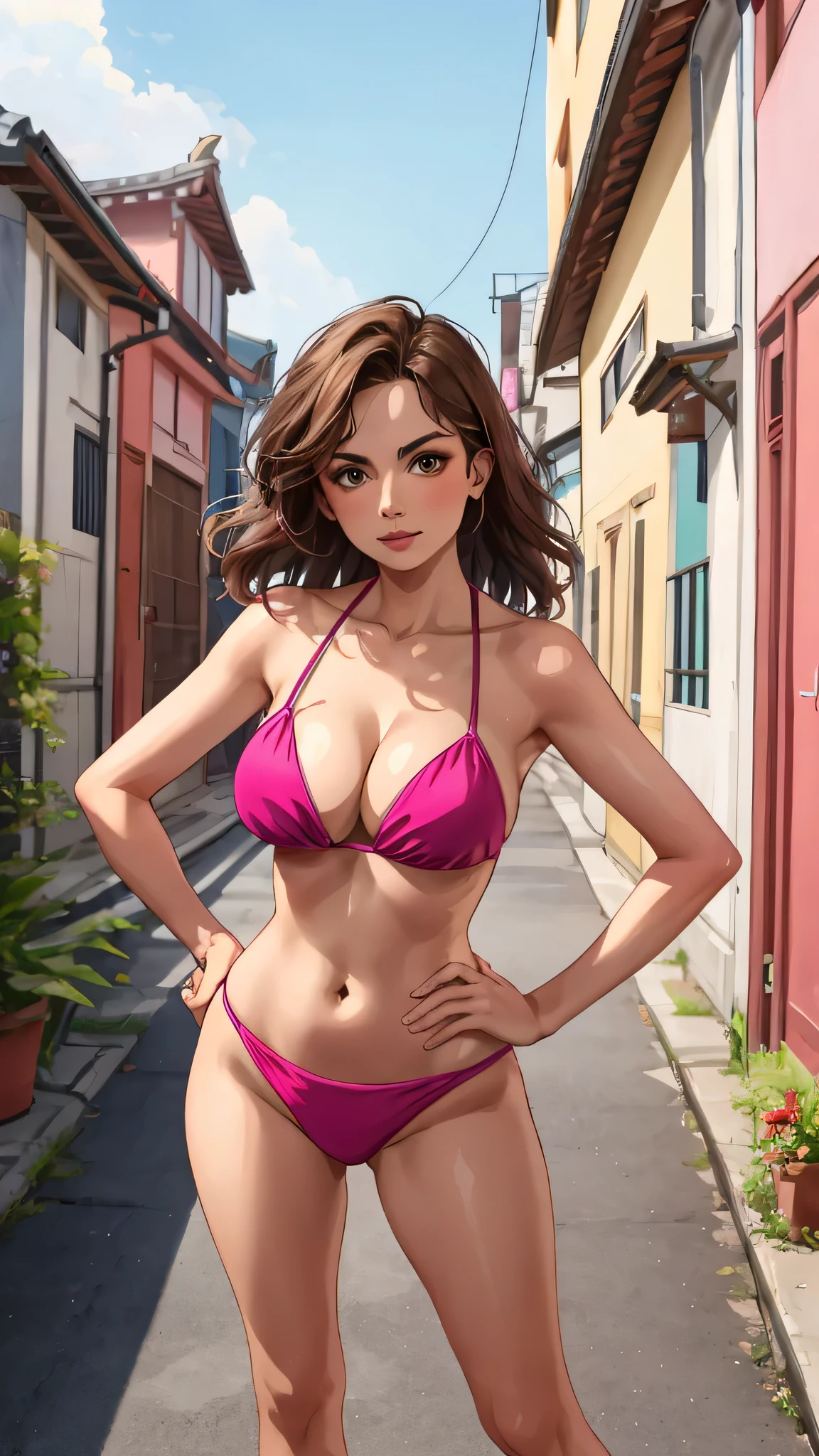 Masterpiece, best quality, Masterpiece, best quality, 1 woman, Asia , wavy brown hair, sly face , pink bikini , big breasts , Long legs , hands on hips , Barefoot , alley