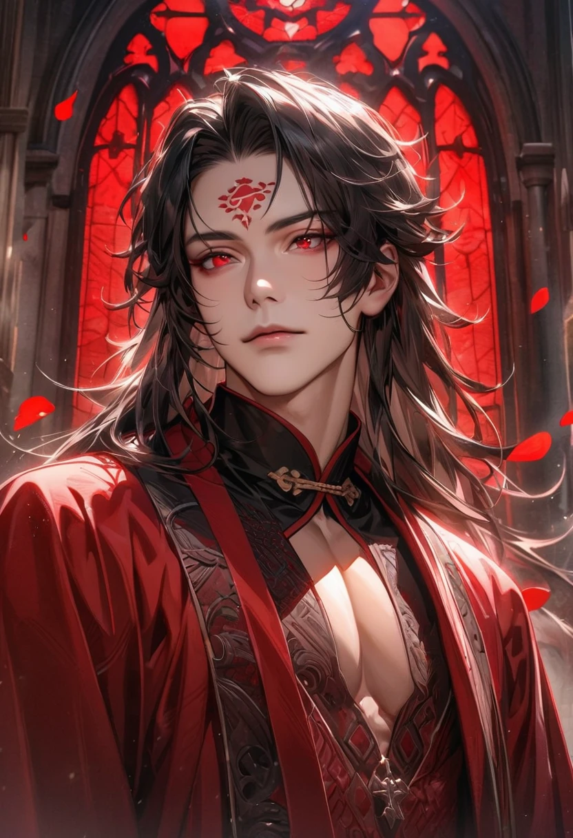 absurdres, highres, ultra detailed, HDR, master piece, best quality, perfect face, beautiful eyes, realistic face, Luo Binghe, black long hair, without bangs, expressive red eyes, Scumbag System, solo, sexy man, handsome, red mark on the forehead, black and red robes, patterns, accessories, toned chest, red roses, red petals, red glass stained window, glittering, church