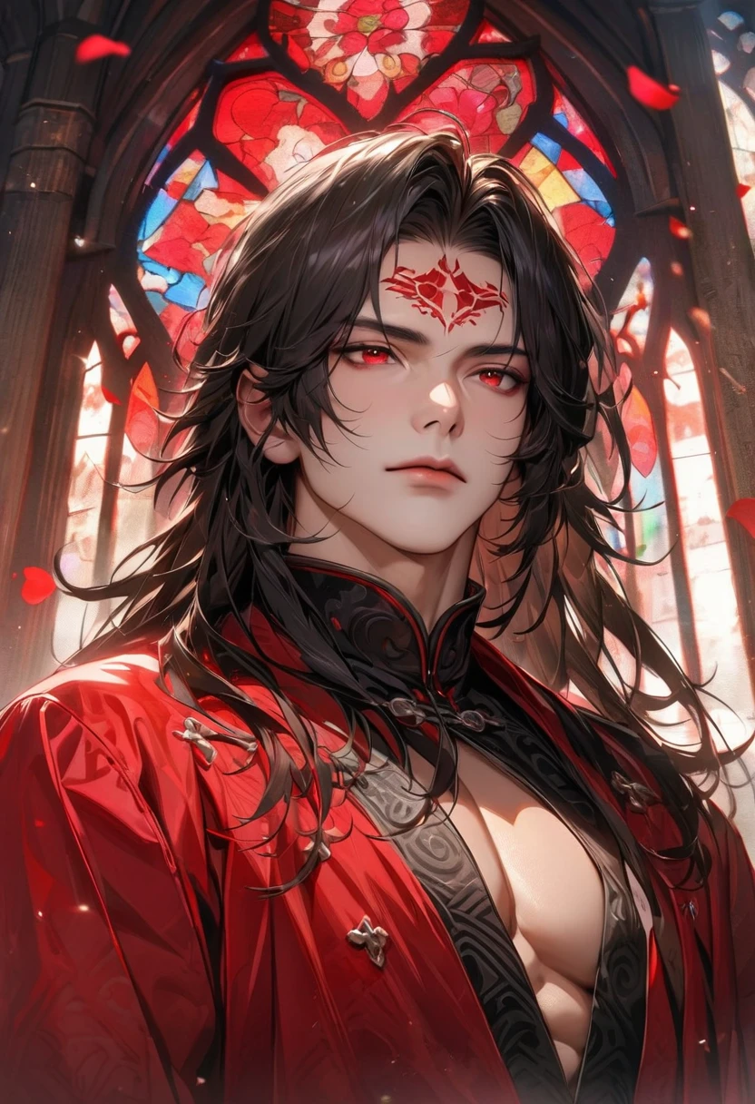 absurdres, highres, ultra detailed, HDR, master piece, best quality, perfect face, beautiful eyes, realistic face, Luo Binghe, black long hair, without bangs, expressive red eyes, Scumbag System, solo, sexy man, handsome, red mark on the forehead, black and red robes, patterns, accessories, toned chest, red roses, red petals, red glass stained window, glittering, church