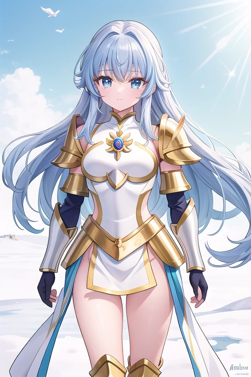 Une femme, 25 ans, manches, cheveux longs, cheveux multicolores, romantic smole, details, Saint Seiya, armure mythique, Saint Seiya Cosplay, Armure de chevalier, Scandinavie, hiver, Glacier, neige