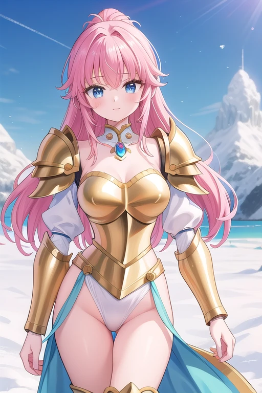 Une femme, 25 ans, manches, cheveux longs, cheveux multicolores, romantic smole, details, Saint Seiya, armure mythique, Saint Seiya Cosplay, Armure de chevalier, Scandinavie, hiver, Glacier, neige