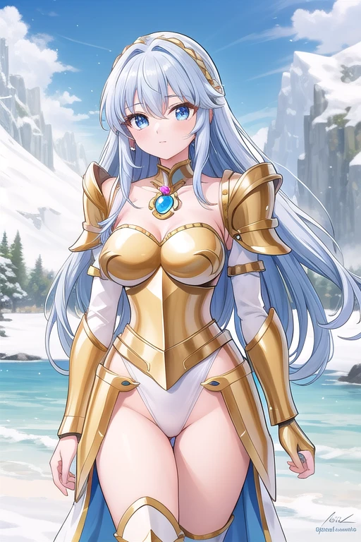 Une femme, 25 ans, manches, cheveux longs, cheveux multicolores, romantic smole, details, Saint Seiya, armure mythique, Saint Seiya Cosplay, Armure de chevalier, Scandinavie, hiver, Glacier, neige
