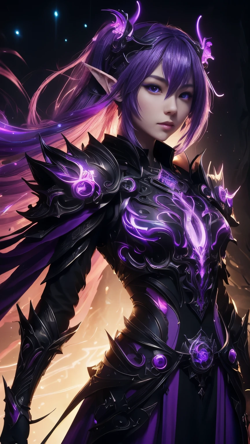 ((upper body)), best quality, masterpiece, a Japanese woman with ((Luminescence purple hair)), ((detailed dim glow violet eye)), high detailed goddess soul, focus on character, solo, (style swirl magic), solo, from front, front view, looking at viewer, detailed face, ((Luminescence Lighting Magic Circle theme)), perched on a ledge, tight neon body, light streaks, dark abyssal wanderer abstract, ((Simple Luminescence Neon Gown)), inscribed with mystical runes, outdoor dystopian background, pointed ears