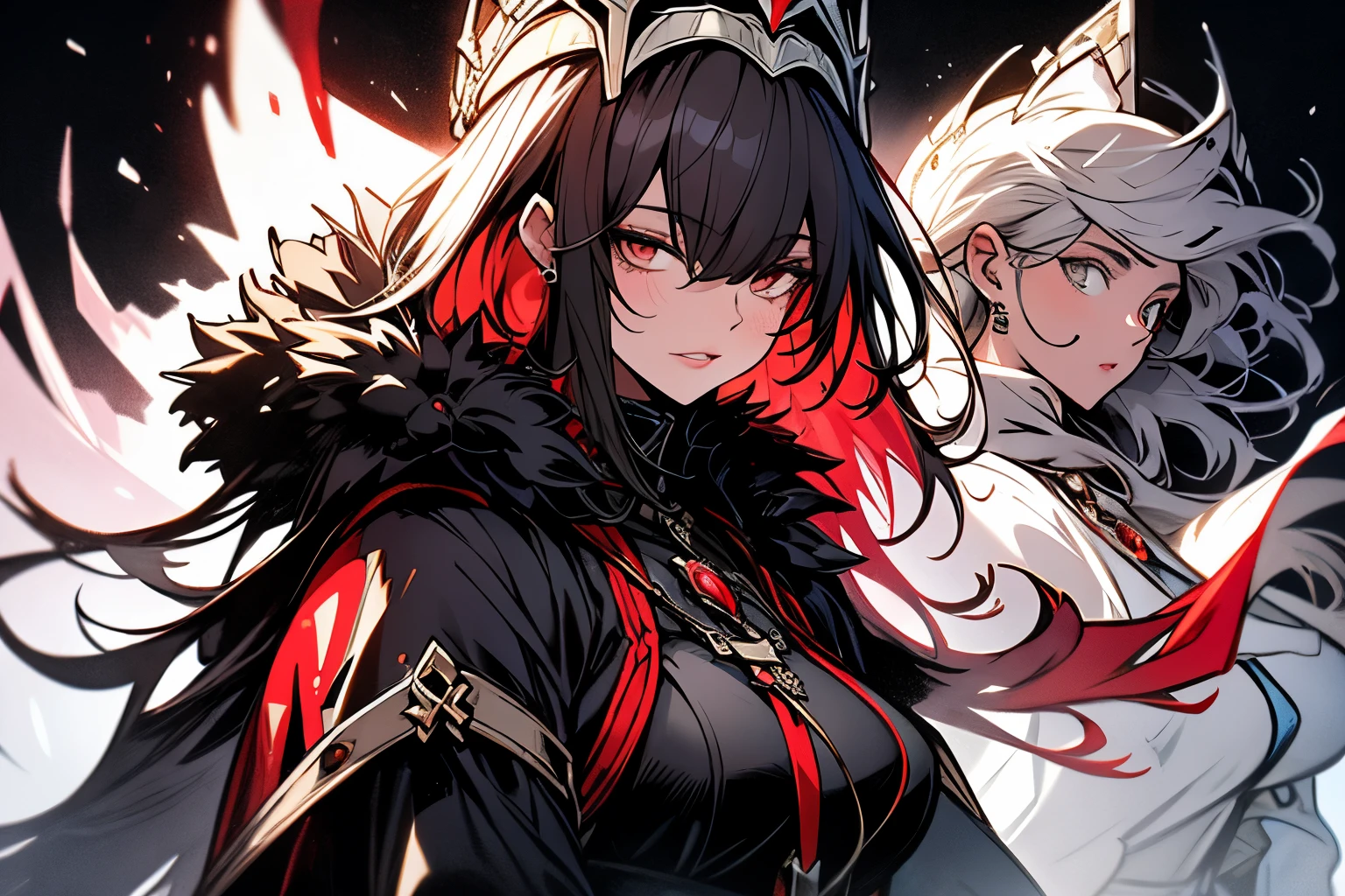long fur jacket in black, a medieval dress in white and red, with a super voluminous skirt, round princess skirt, high collar, which covers the body from neck to toe, covered neck, super detailed face, super detailed eyes, super detailed lips ,