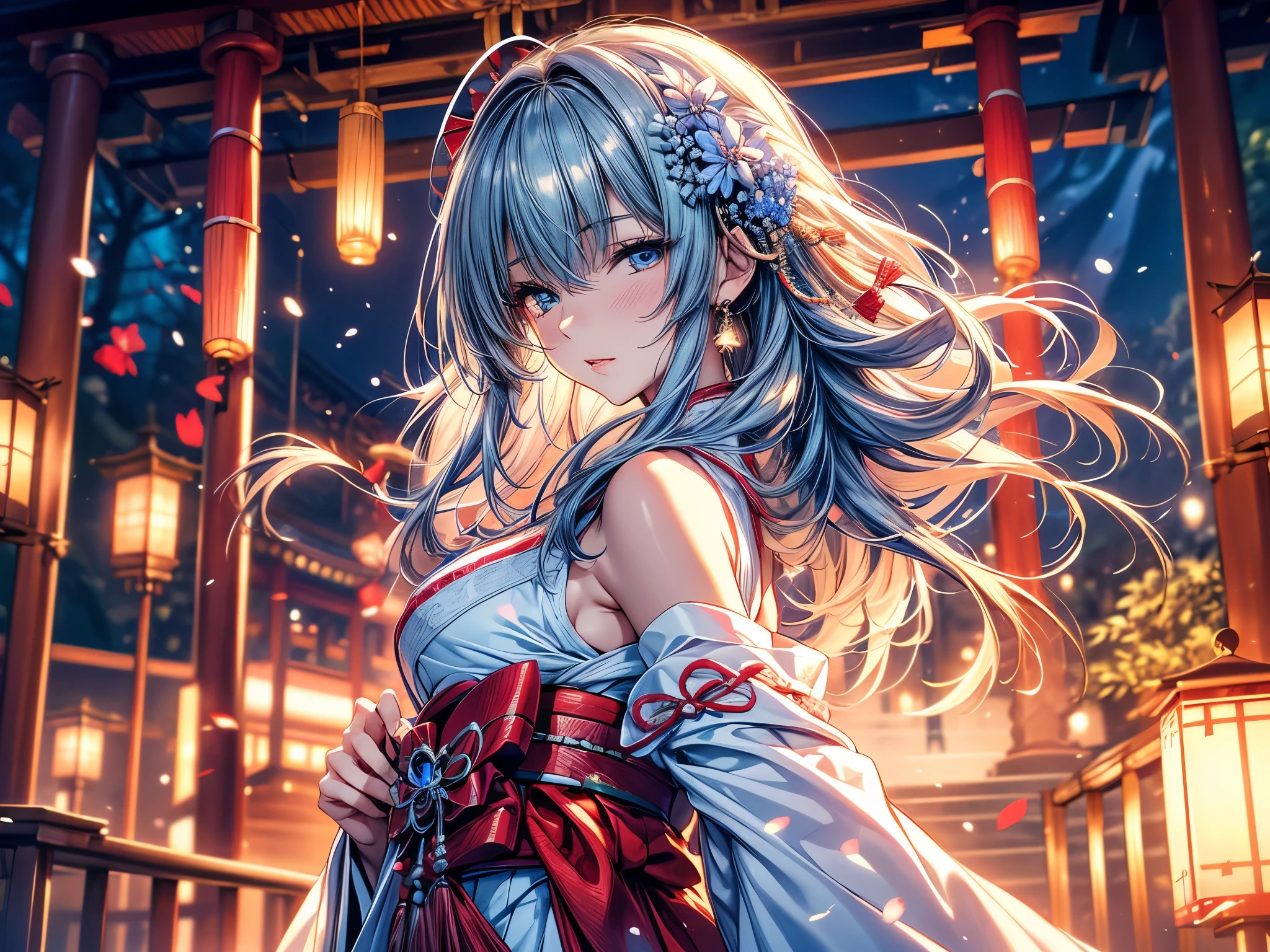 (Ultra-delicate), (Be focused), (high resolution), Deformed depth of field blurred background, (Detailed background), Perfect layer cut, (full-body shot/Cowboy shooting), wallpaper, One, Lovely beauty, alone, thin eyebrows, long upper eyelashes, Double eyelids, Upper Eye, (super detailed eyes), ((Clear light blue eyes)), Sexy lips, lip details, Shimmer, complicated, familiar, (Shrine maiden), Talisman, Stardust, Mirror, Sacred offering, (Platycodon grandiflorum), comfortable peace, peaceful, Japan, Yamatohime, Shrine maiden裝束, White robe and scarlet hakama, sakaki, Cane, bow, Artistic, 8k