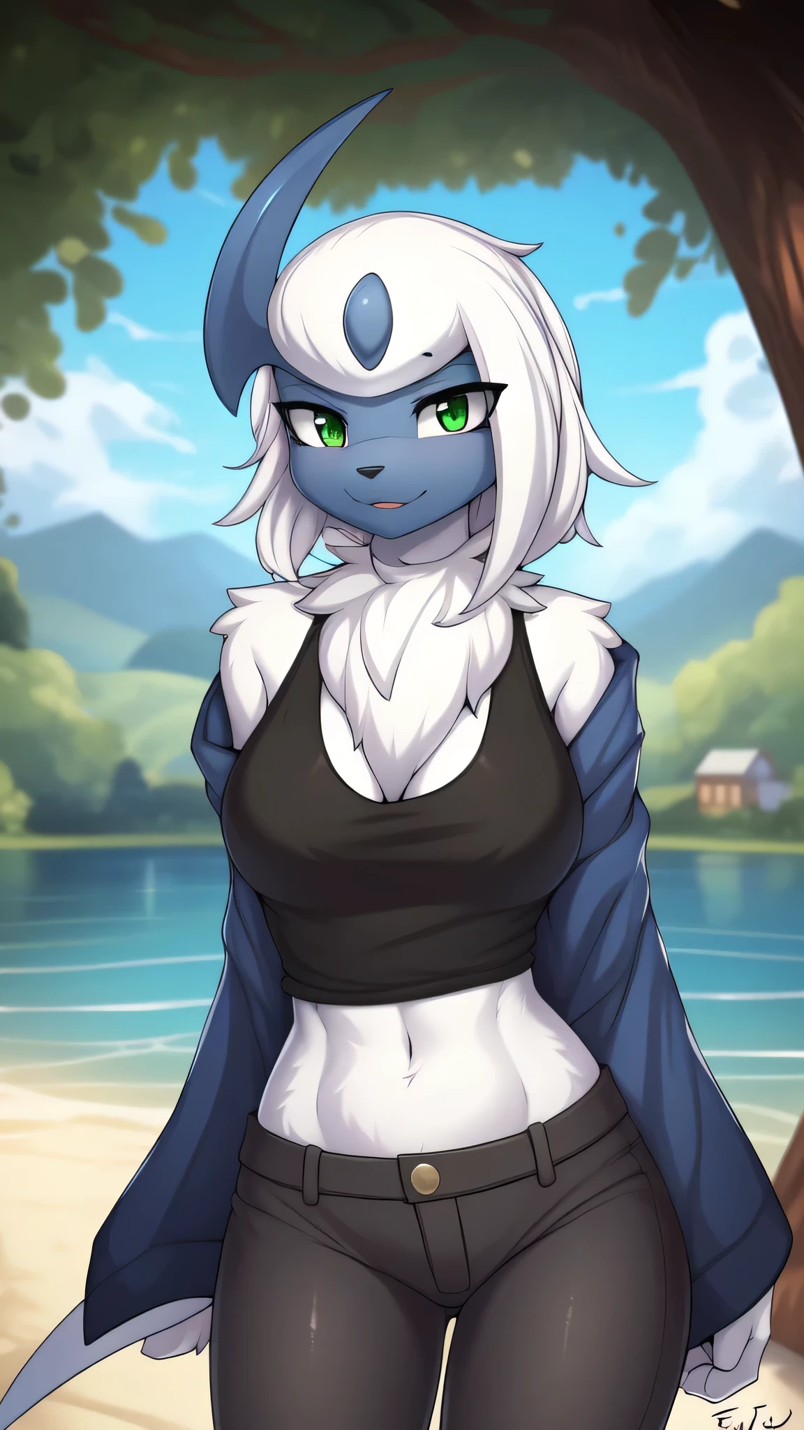 By zinfyu,by twistedscarlet60, uploaded on pixiv, by fluff-kevlar, (masterpiece), (best quality), (anthro furry:1.3, snout:1.2, anthro:1.3, furry:1.2, solo female:1.2), (extremely detailed:1.3),(checkpoint model:1.3),(detailed eye, green eye),(adult body size),(Beautiful face), Absol, Wearing wizard robe ,tanktop ,long pants, view on viewer, close view on Absol, Wood house, summer, lake