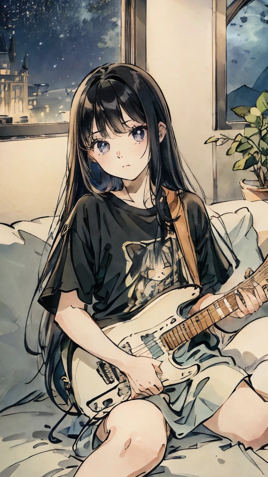 Oversized T-shirt、stand lighting、Colored pencil style、Long black hair、play the guitar、sofa、kitten、Night Sky、star、Room with a window、High precision、detailed、８K