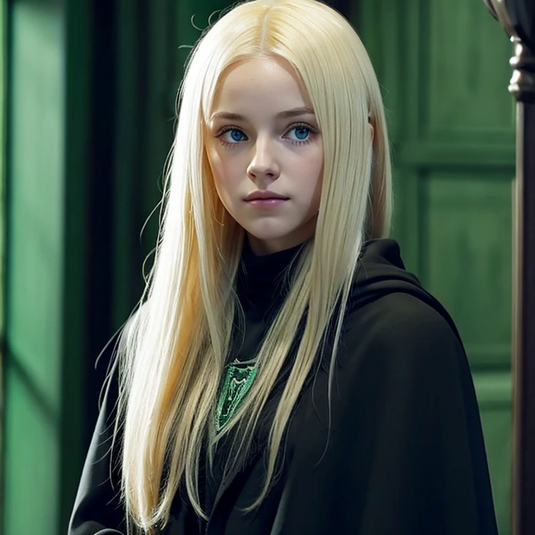 A beautiful girl with honey eyes and blonde hair is wearing a black cloak and is a member of the Slytherin group She is looking angrily at Draco Malfoy while she is in her room . The room is dark