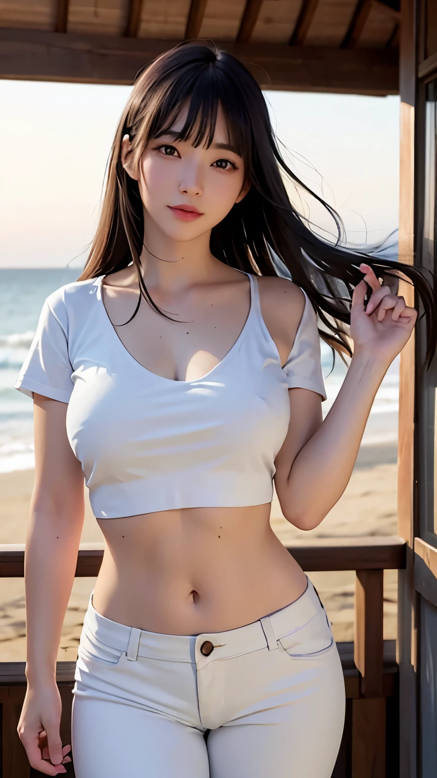 (logo、masterpiece、8k、Tabletop、RAW Photos、wonderful、最high quality、フォトリアリスティックでVery detailedな CG 統合 8k 壁紙、high quality、Very detailed、narrative poem、Particle Effects、Dynamic Effects、Depth of written boundary、Cinematic Light、Lens flare、Ray Tracing)、Fantasy、 (One beautiful woman、White Pants、White T-shirt、White tube top、White crop top、Black-haired、Beautiful Face、True Face、Beautiful details、eye、Beautiful Skin、Ultimate Body、glamorous)、私の髪はWindに舞う、Hair flutters in Wind、Hair bounces、Seaside、wonderful景色、coastal、sunrise、Sun in the background、Wind、Beach