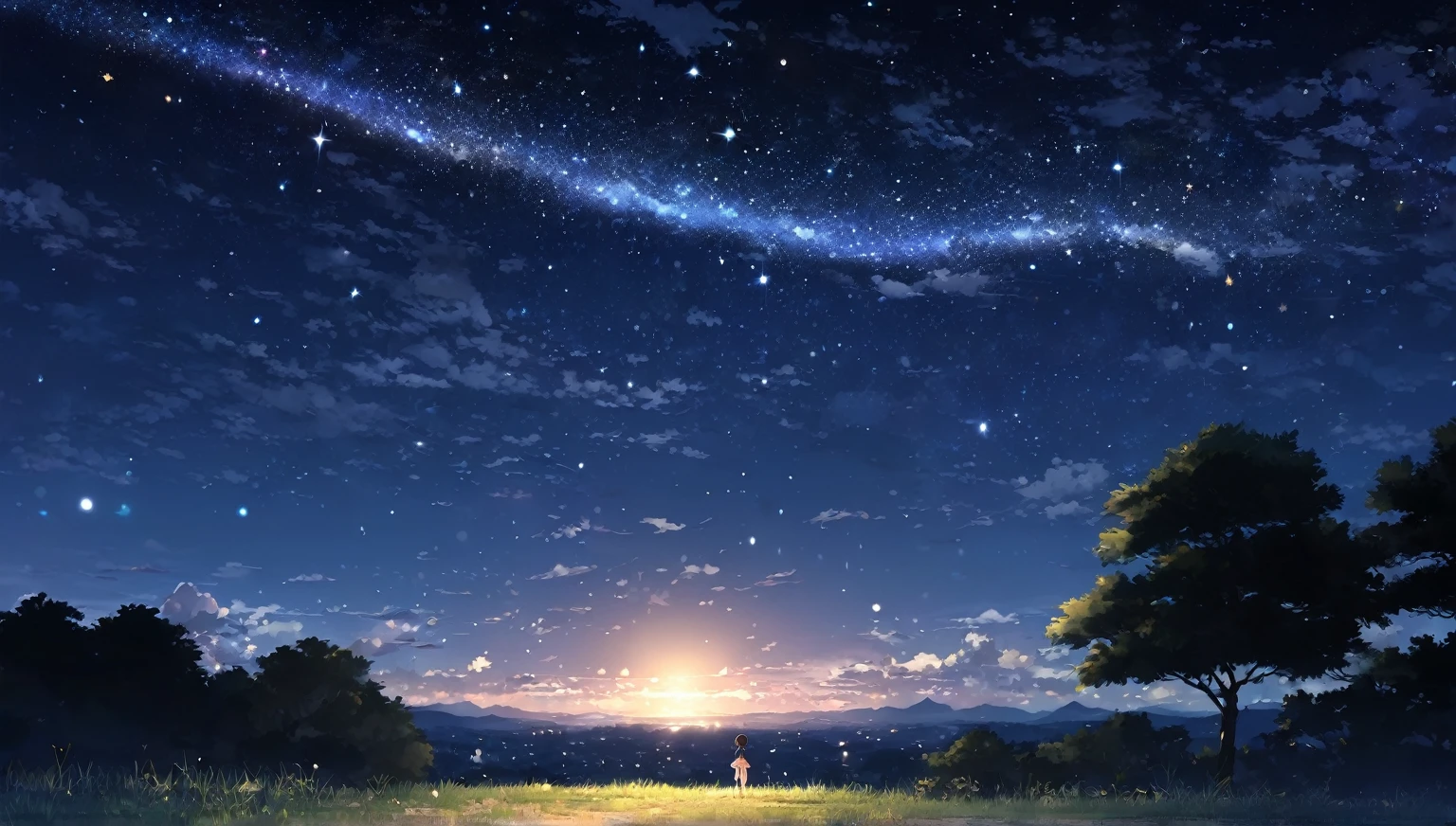 summer night,dark light,starry sky,dark light,nobody,anime style,high quality