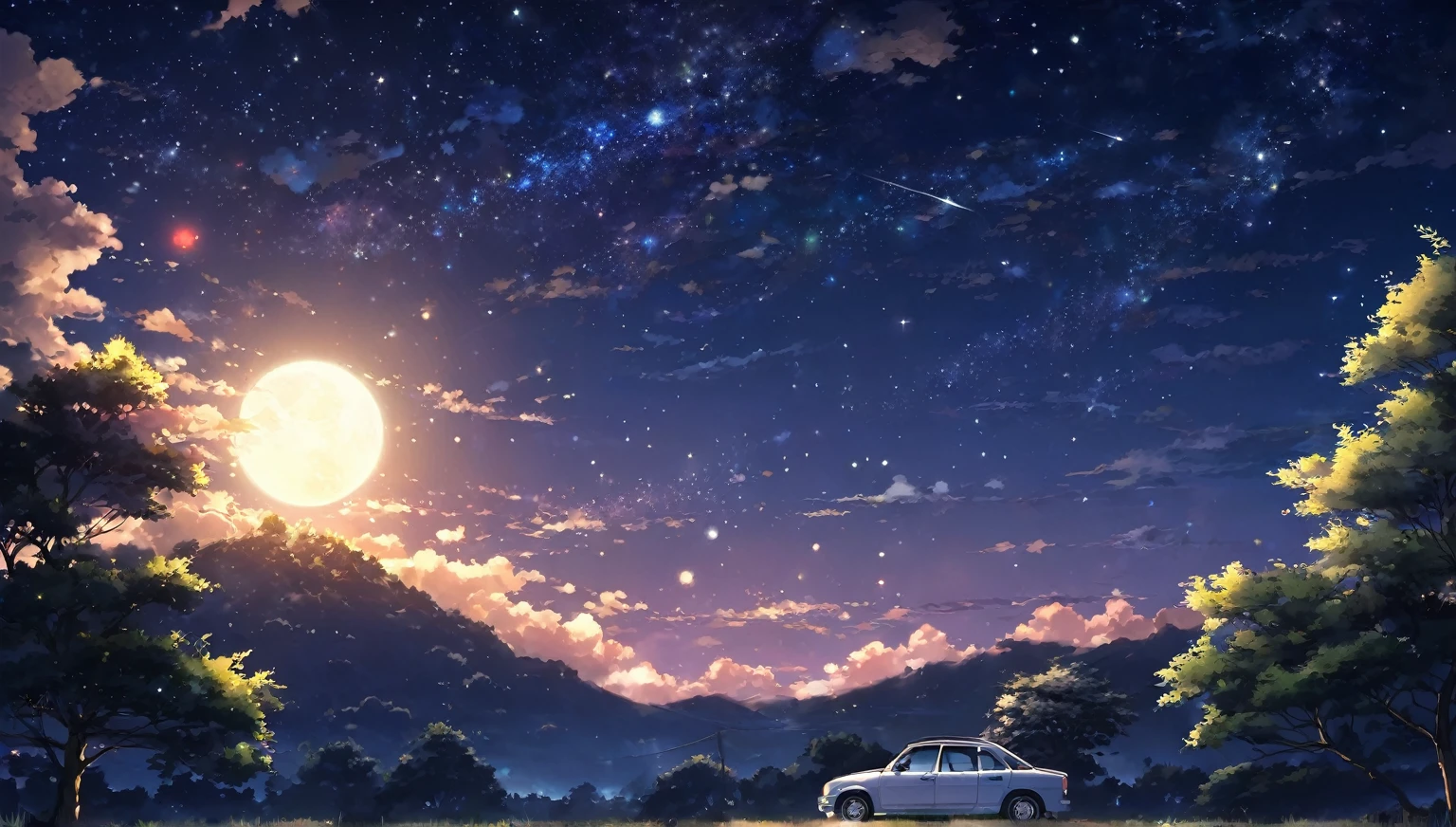 summer night,dark light,starry sky,dark light,nobody,anime style,high quality