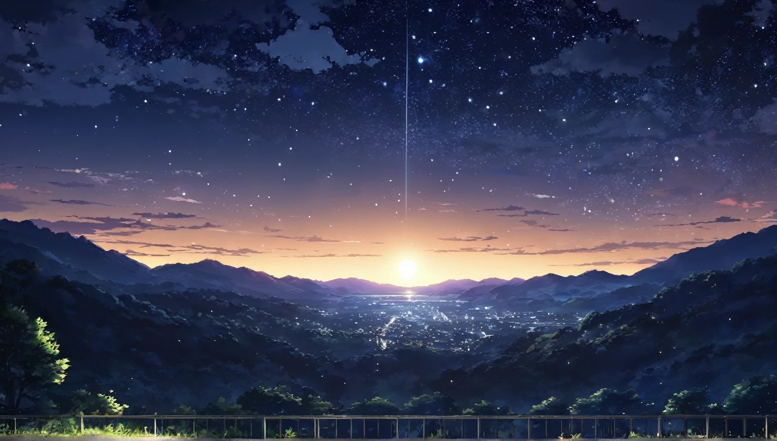 summer night,dark light,starry sky,dark light,nobody,anime style,high quality