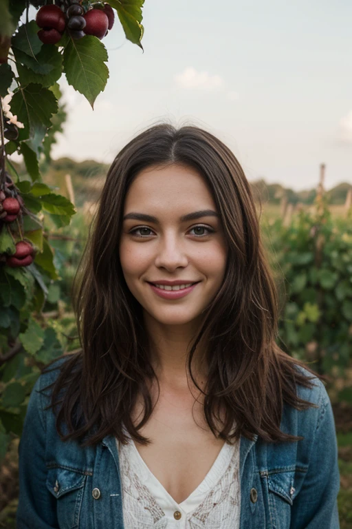 a woman, 25ear old, long brunette hairs,  , textured skin, romantic smile, a lot of details, in a winyard, farmer appron
