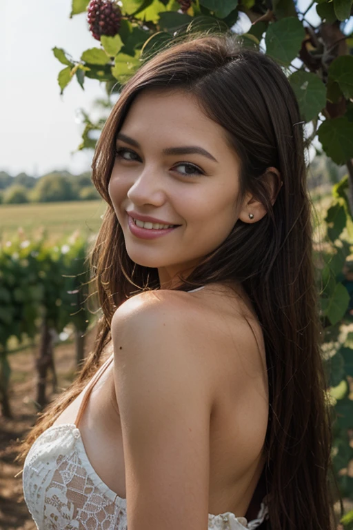 a woman, 25ear old, long brunette hairs,  , textured skin, romantic smile, a lot of details, in a winyard, farmer appron
