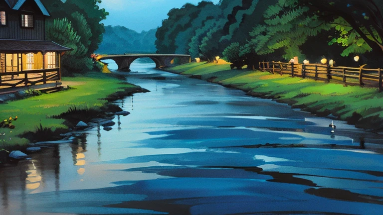 Ink Painting「River at dusk」 prompt: River at duskの風景を描く。
