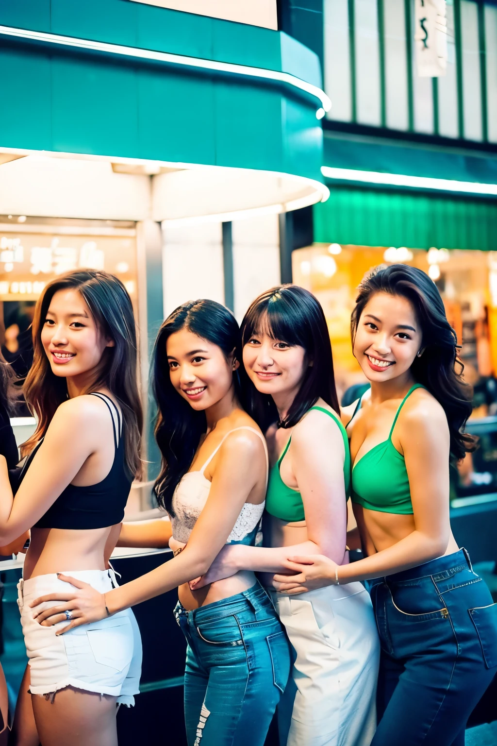 ((best quality)), ((masterpiece)), (detailed), perfect face
The image shows a group of six sexy women posing together for a photograph. They are standing outdoors in what appears to be an urban setting, possibly a shopping district given the neon signs and advertisements in the background. Each woman is wearing a green bra and blue jeans, suggesting a coordinated style or theme for their attire. The women vary in height and body shape, but all are smiling and looking directly at the camera, conveying a sense of camaraderie and shared enjoyment. Their poses are relaxed yet confident, with some standing slightly behind others to create depth in the composition. There is no visible text within the image that provides additional context or information about the women or their location.