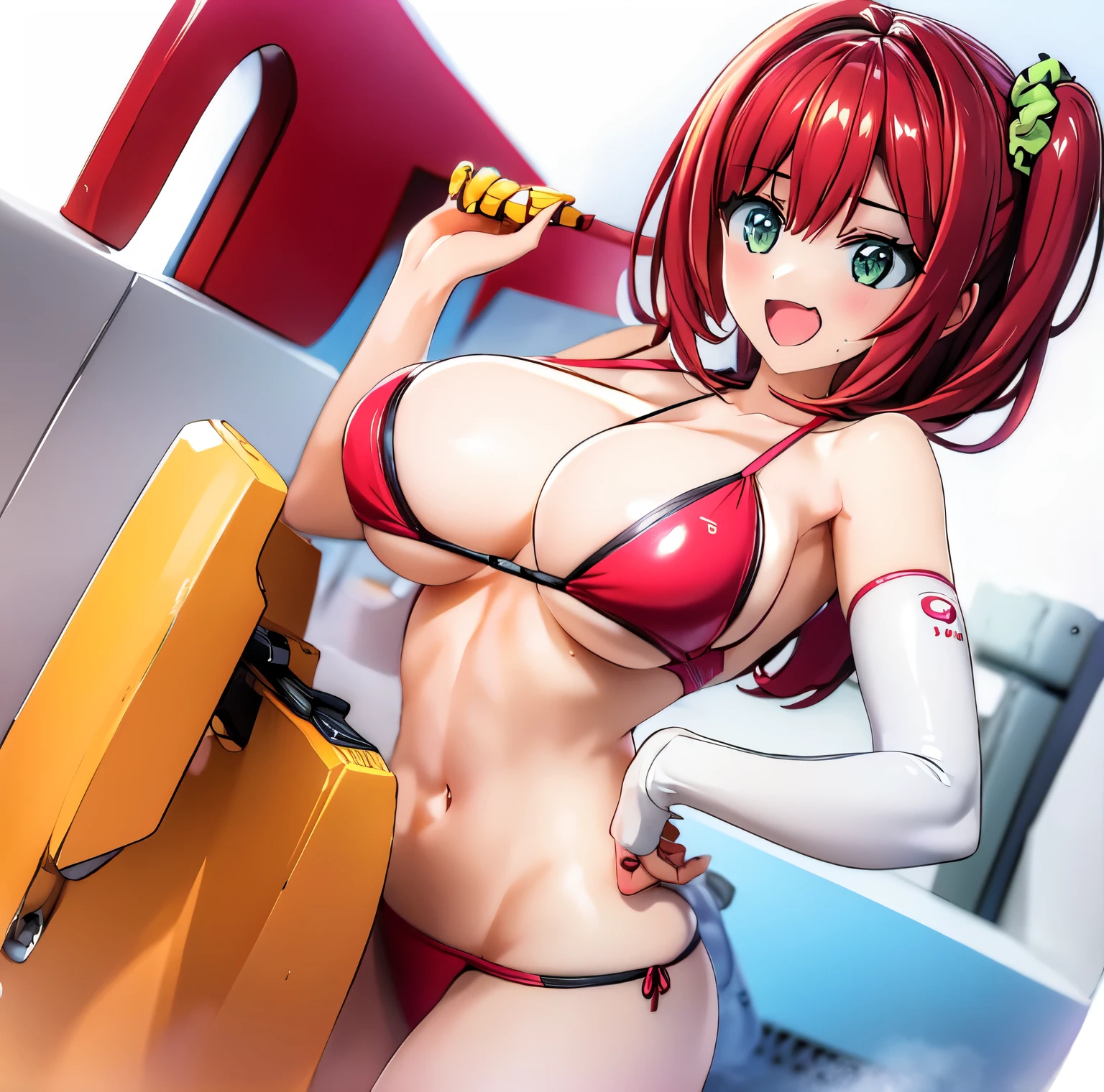 best quality, masterpiece, extremely detailed CG, official art , professional lighting, sakimiyairuka, red hair, green eyes,(one side up), medium hair, side ponytail, green scrunchie, hair ornament, perfect face, shiny skin, smile, bikini, front front