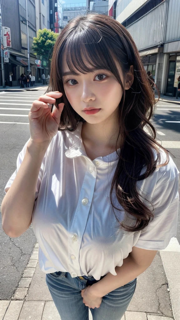 8k,RAW photos,Bestquality,a masterpiece:1.2),ultra detail,ultrahighres, (lifelike,photos-realistic:1.37),High detail RAW color photo,professional photo, A very delicate and beautiful,Very detailed 8k wallpaper,Amazing,Fine details,hugefilesize,offical art,Extremely detailed CG Unity 8k wallpaper, extremely detailed beautiful girl,Extremely detailed face,extremely detailed eyes,extremely detailed skin,extremely detailed fingers,extremely detailed nose,Extremely delicate mouth,perfect antomy,Extremely detailed background,Extremely complex background,extremely detailed clothing,1girle,Medium tar eye,Blushing face,, cute girl, Realistic body, Fair skin,Skin is shiny,Slim figure,Good figure, dark hair,long straight hair,(blunt bangs:1.2), smile,、,、,、,, cuteg, young, lovely face, Nice face, Realistic face, small face, Beautiful Detailed Eyes,(frill blouse:1.2),Earring, look at the viewer,(Cowboy lens:1.2),Front View,standing pose,opposition, out door, (Daytime:1.2), cityscape, depth, New York, the street, Professional Lighting,
