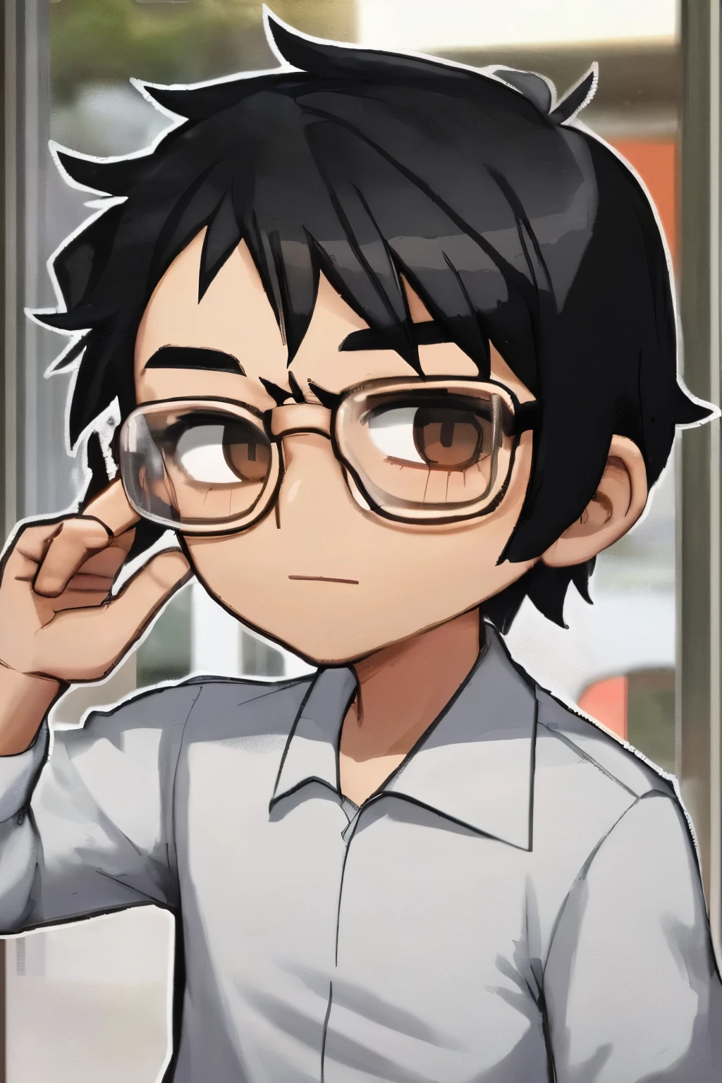 cute uncle , wearing glasses , chibi, wearing white shirts , black short hair, hair is ceparate of center, bussinesman