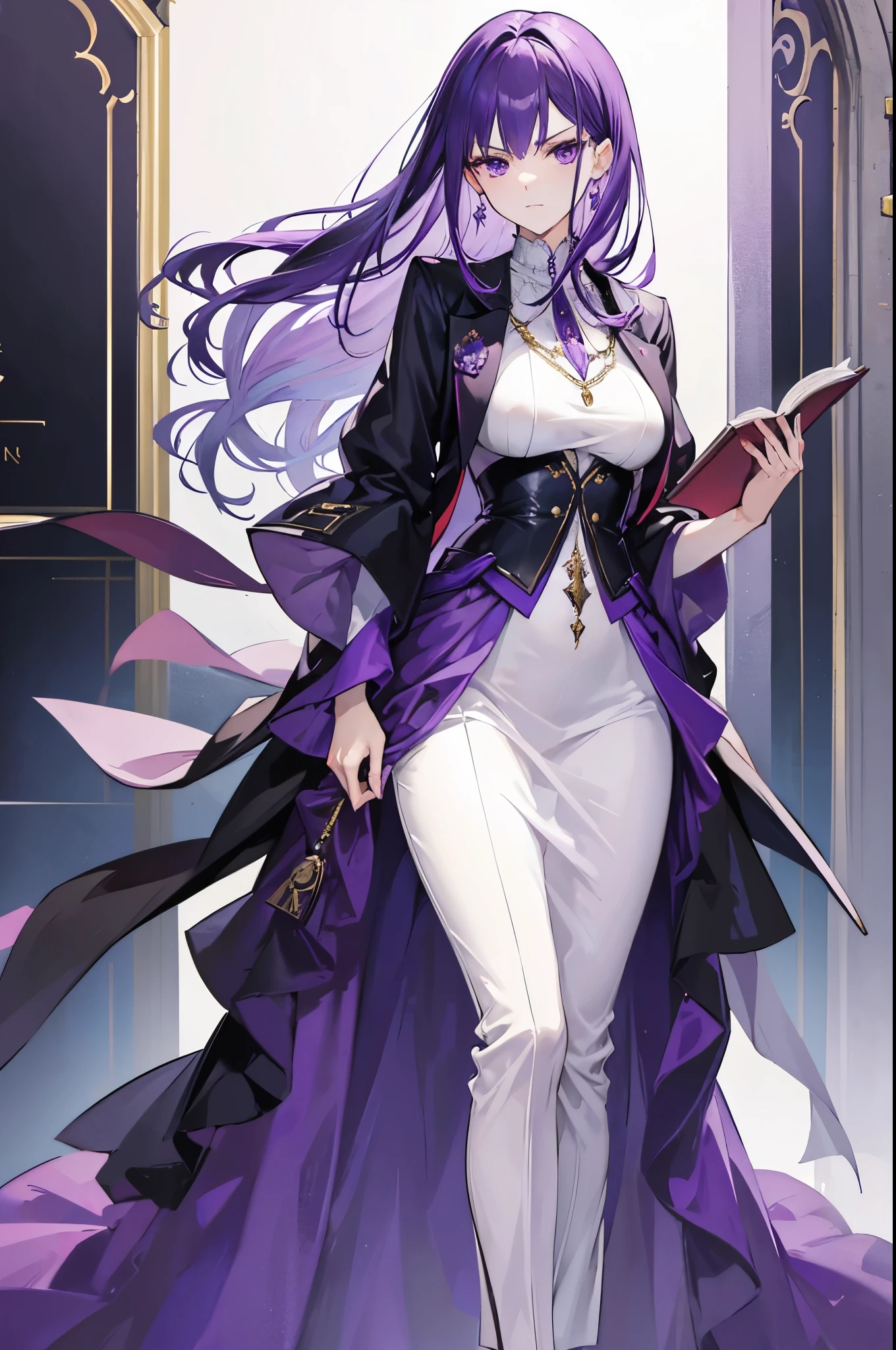 a tall, slender, mature woman with purple hair and purple eyes. she's standing and holding a book. she dresses royally. she has a confident, serious expression.