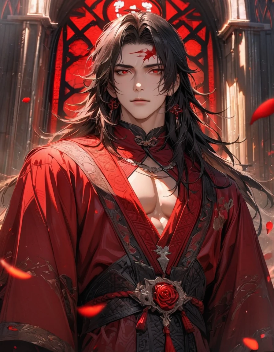 absurdres, highres, ultra detailed, HDR, master piece, best quality, perfect face, beautiful eyes, realistic face, Luo Binghe, black long hair, without bangs, expressive red eyes, Scumbag System, solo, sexy man, handsome, red mark on the forehead, black and red robes, patterns, accessories, toned chest, red roses, red petals, red glass stained window, glittering, church