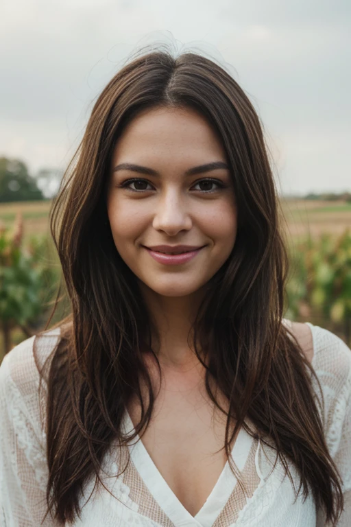 a woman, 25ear old, long brunette hairs, , textured skin, romantic smile, a lot of details, in a winyard, farmer appron