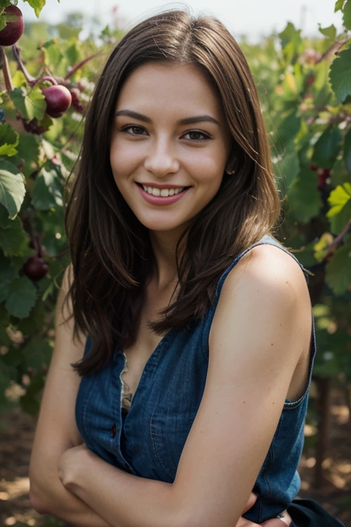 a woman, 25ear old, long brunette hairs, , textured skin, romantic smile, a lot of details, in a winyard, farmer appron