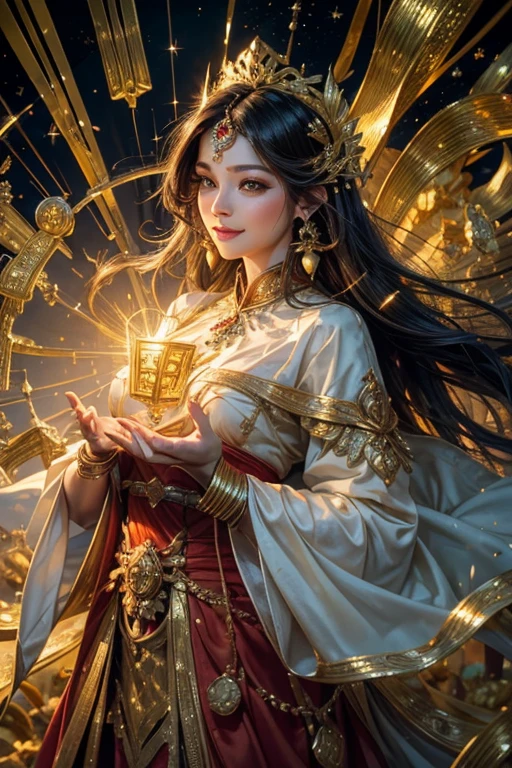 (highest quality,4K,8k,High resolution,masterpiece:1.2),Very detailed,High resolution,超High resolution,Studio Lighting,Physically Based Rendering,Bright colors,Bokeh,Rich landscape,God of Wealth,Abundant gold coins,Glowing Treasure Chest,A compassionate smile,dreams come true,Magical Land,Festive atmosphere,lucky red envelope,infinite wealth,overflowing richness,thriving business,Fulfilled Desires,Positive Energy,Fun celebration,Blooming Flowers,Prosperity and good fortune,harmony and prosperity,Luxury Lifestyle,Shining Jewels,Extravagant Prosperity,wealth pouring down,Banking and Investment Growth,the power and blessings of the universe