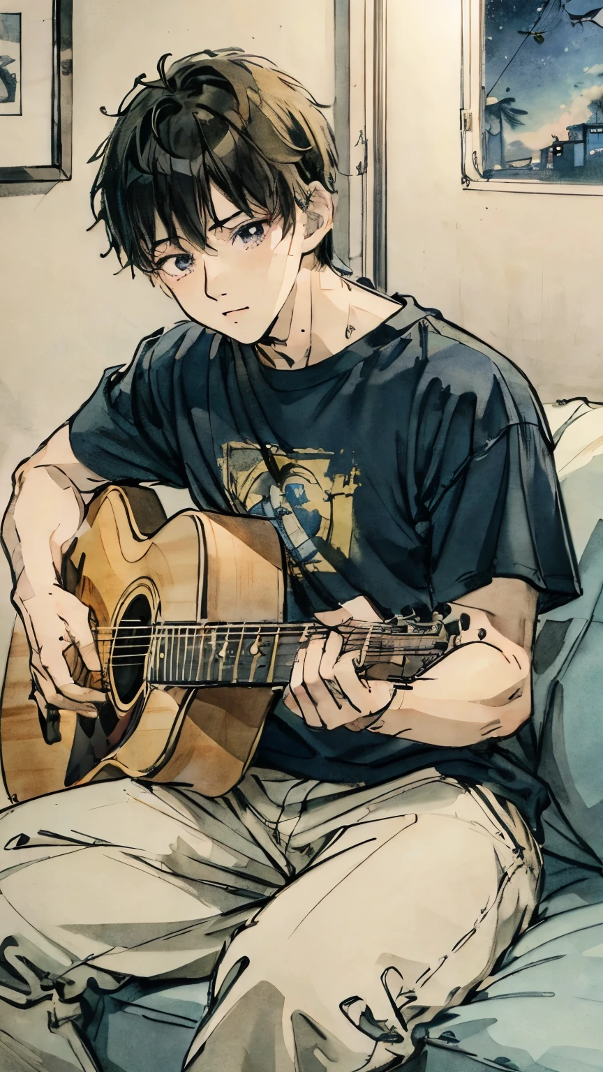 Oversized T-shirt、indirect lighting、Colored pencil style、A boy about 20 years old、Handsome、Medium Hair、play the guitar、sofa、Night Sky、star、Room with a window、High precision、detailed、８K