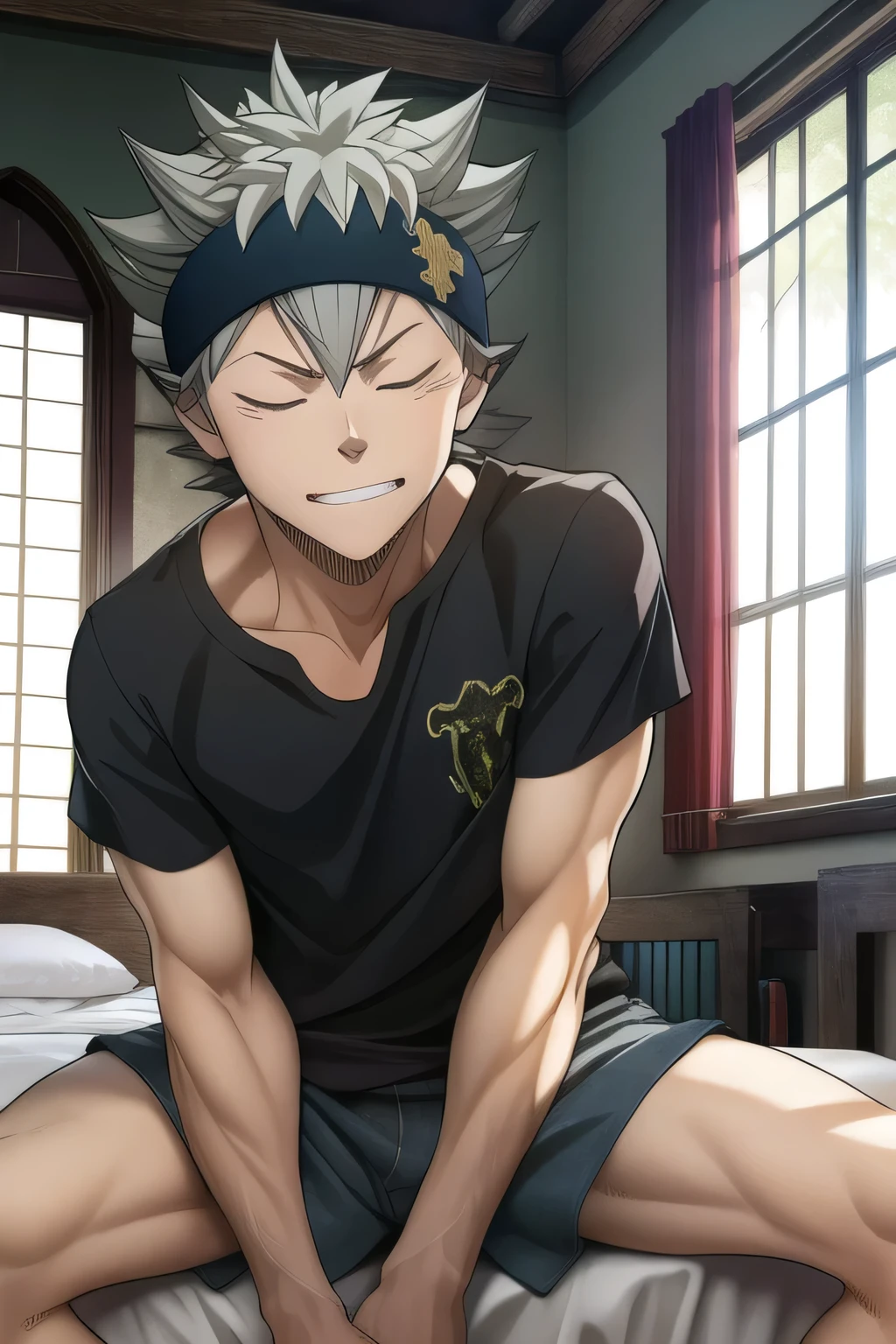 masterpiece, best quality, high quality, 1boy, solo, male focus, shirt off, closed eyes, asta, green eyes, black headband, grey hair, spiked hair, lay on bed, knee, 