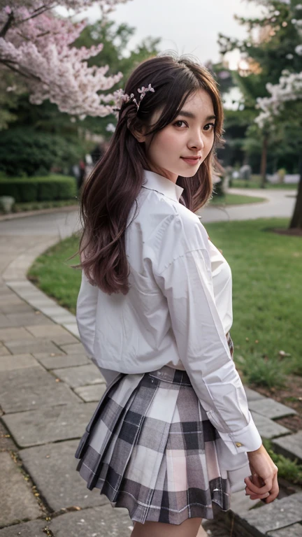 Night time,Dark, Korean girl, gray plaid wavy skirt, pink brush , 8K, Park, white shirt, wolf hair, Doble layer hair dye, first layer are white, second layer are white, Looking up to see the cherry blossoms, pale solid colour background, cuff, up right pose, static pose, center composition,Walk with both hands holding each other behind the back., While turning slightly to look at me,estetic Garden lamp, Flowers, pets, others people,smile
