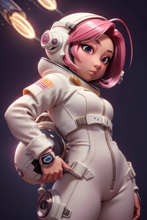 Obra maestra, mejor calidad, 8k, cinematic light, ultra high resolution, chibi, 1 chica, solo, astronaut, Traje espacial, casco, space casco, cuerpo completo, guantes, de pie, cabello rosado,