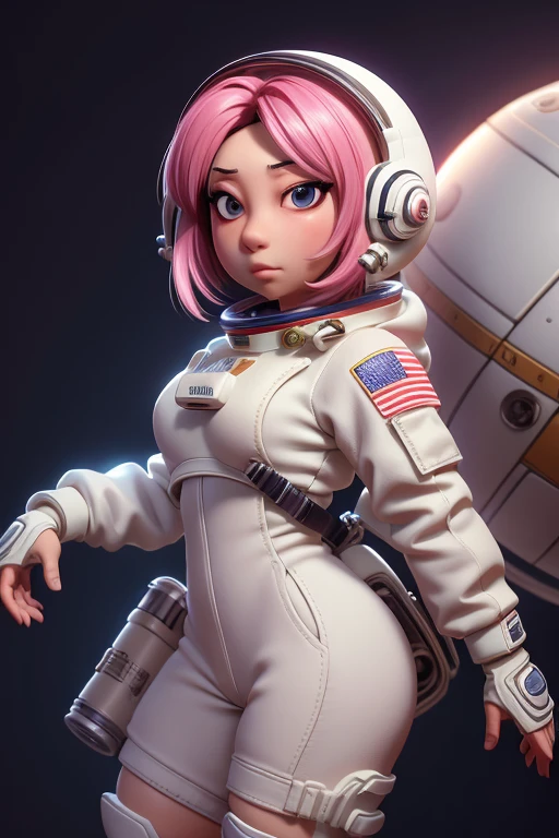 Obra maestra, mejor calidad, 8k, cinematic light, ultra high resolution, chibi, 1 chica, solo, astronaut, Traje espacial, casco, space casco, cuerpo completo, guantes, de pie, cabello rosado,