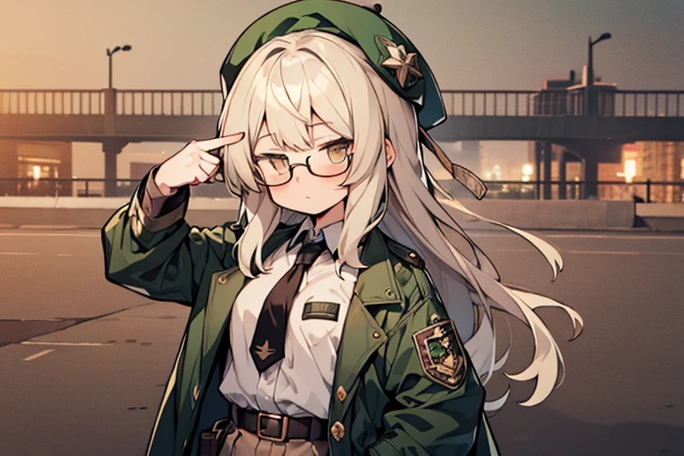 long ahoge,shirt,White hair,Brown eyes,circle-glasses,Brown tie,brown skirt,dark green beret,Dark green jacket,girl with,steampunkai,sleepeace,retro city background,jitome,fg2h, fingergun