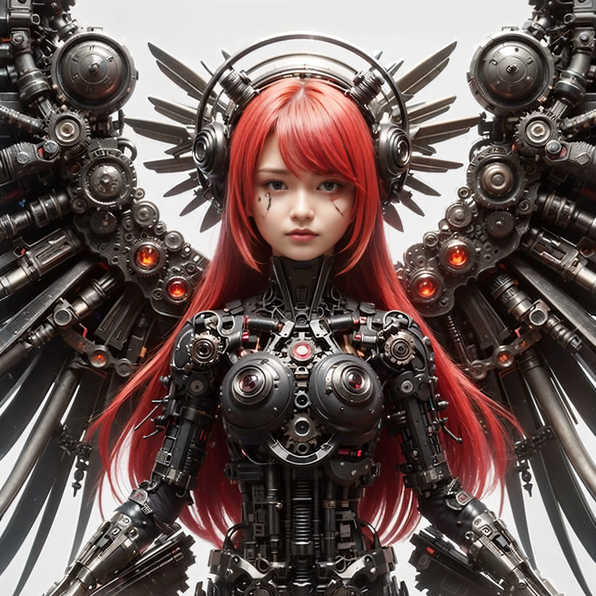 (top-quality:1.2, masterpiece)、ultra high resolution、extremely ultra surrealism, (Photorealsitic:1.4)、Raw photo、(Steampunk Battle Cyborg fallen angel)、large wings made of metal、black porcelain body、red  hair、glowy skin、1 Cyborg girl、(mechanical frame:1.3), japanese, extremely cute face,  ((super realistic details))、portrait、globalillumination、Shadow、octan render、8K、ultrasharp、character edge light、Details of complex ornaments、Acrylic Clear Cover、Sumerian details、Hydraulic cylinder、Small LED lamp、highly intricate detail、Realistic light、a purple eye、radiant eyes、Facing the camera、neon details、cowboy  shot、Futuristic headgear、About Cyberpunk