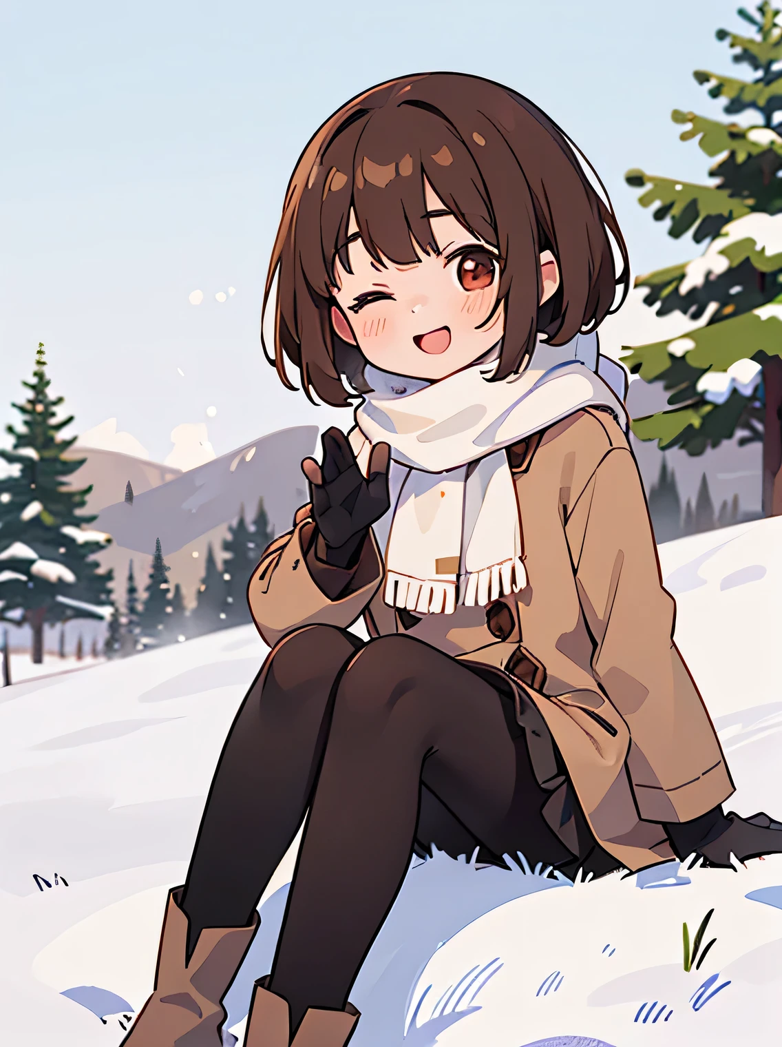 (best quality,4k,8k,highres,masterpiece:1.2), ultra-detailed, (deformed, photorealistic, photo-realistic:1.3), One girl, , kawaii, cute, children, small, brown hair with fluffy bob cut, shining eyes, one eye closed, winking, smiling, mouth open, very cold, red nose, white breath, happy, full of energy, fluffy white scarf, fluffy brown coat, black skirt, long black tights, fluffy brown boots, fluffy black gloves, sitting on ground, waving, rural winter, snow on the ground.