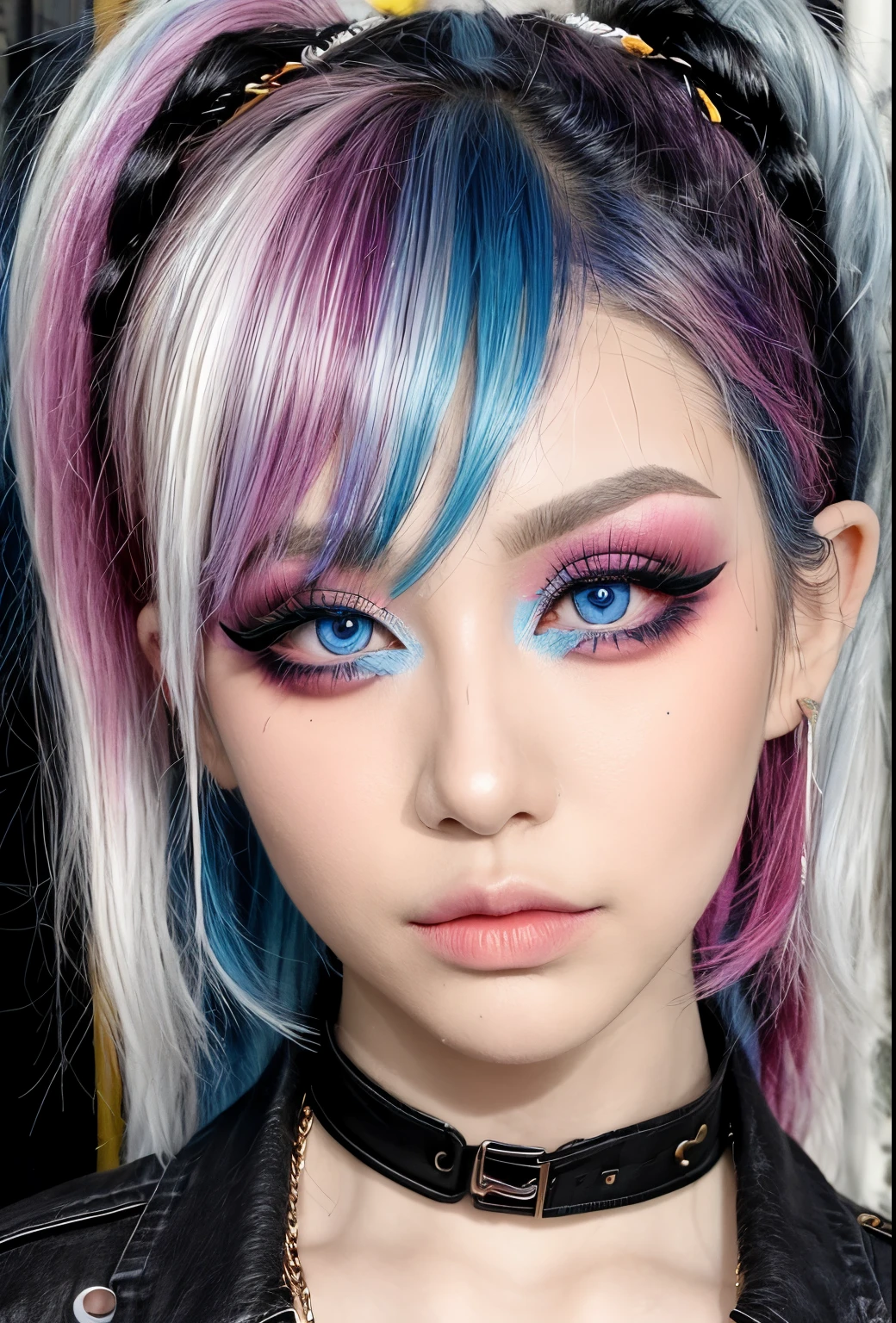 1girl, punk, punk aesthetic, colorful, bright colors, outdoors, colorful eyeliner, colorful eyeshadow, colorful eyebrows