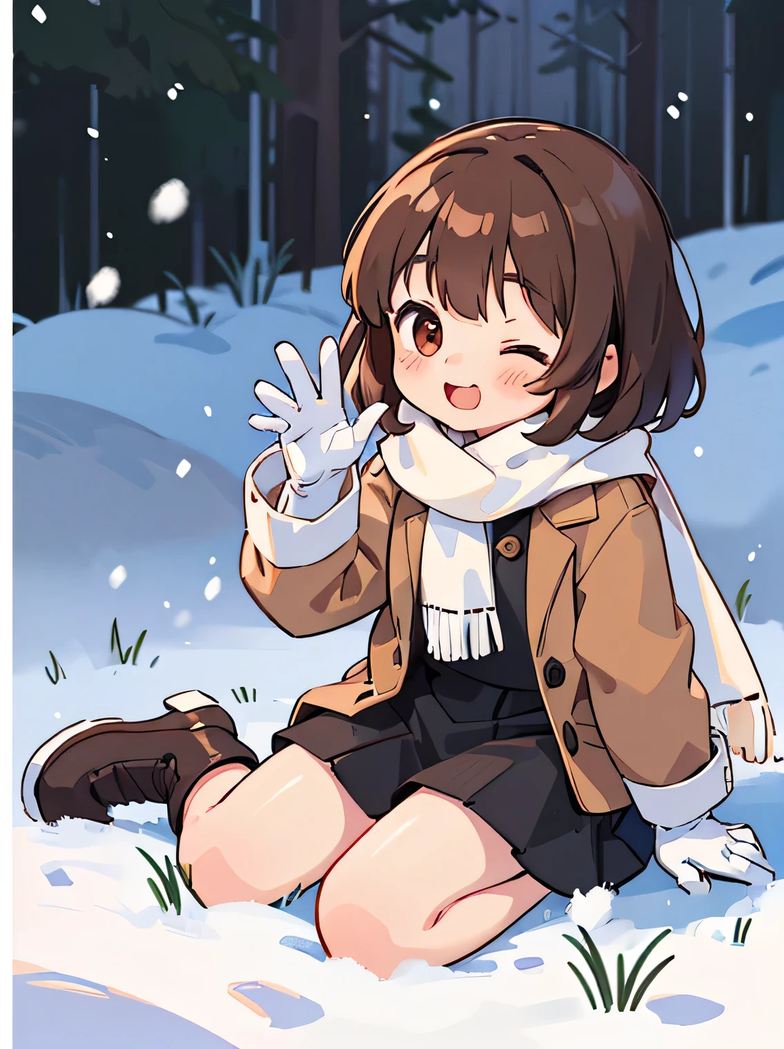 (best quality,4k,8k,highres,masterpiece:1.2), ultra-detailed, (deformed, photorealistic, photo-realistic:1.3), One girl, , kawaii, cute, children, small, brown hair with fluffy bob cut, shining eyes, one eye closed, winking, smiling, mouth open, very cold, red nose, white breath, happy, full of energy, fluffy white scarf, fluffy brown coat, black skirt, long black tights, fluffy brown boots, fluffy black gloves, sitting on ground, waving, rural winter, snow on the ground.