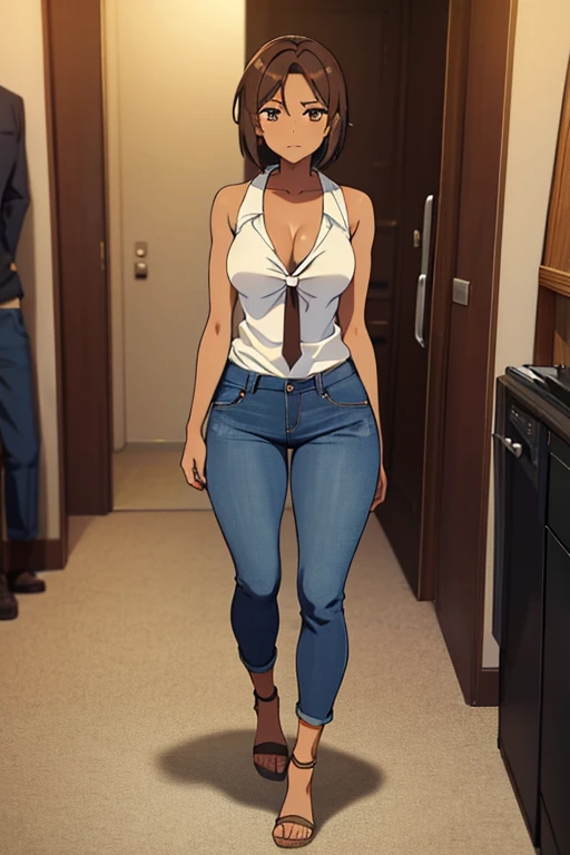 brown skin girl in a deep V-neck front-tie top, sleeveless, (jeans trousers), famished