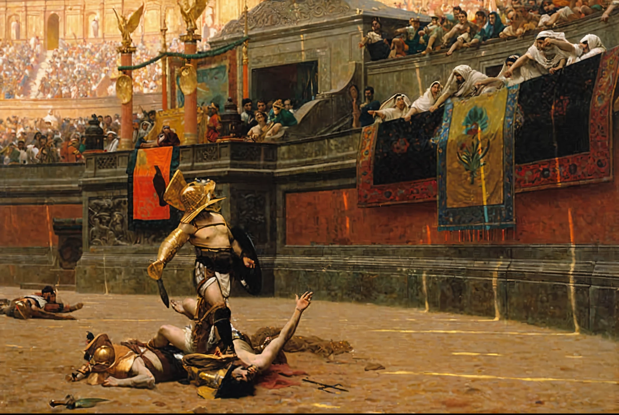 arafed scene of a gladia with a man on the ground, by Gustave Boulanger, jean leon gerome, jean-leon gerome, jean - leon gerome, by Harold von Schmidt, ledmund leighton, by John La Gatta, jehan georges vibert, by Pogus Caesar, by Gregorius Sickinger