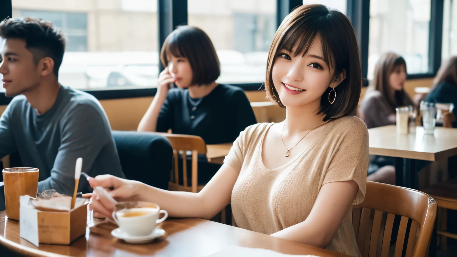 super high quality, Slender, Gravure photoshoot, The staff is working at the counter in the back., (8k、RAW Photos、highest quality、masterpiece:1.2), Japanese Idol, Brown Hair, necklace, Stylish café, The cafe is crowded with people enjoying themselves., (Realistic、Photorealistic:1.37), Mesh Hair, Golden Ratio, Raw photo, Cute face , Light Brown Hair, Earrings, Small breasts, Blurred Background, Spring Clothes, Well-designed furniture, Beautiful hairstyle, Spoiled, Short Bob Hair, Open Cafe, Smile, Hair blowing in the wind, Neat clothes, T-Shirts, 18-year-old, 
