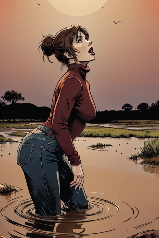 vector image, anime, mature  woman, gloomy orgasm, turtleneck and jeans, drowning in the middle of quicksand bog,red,sky, red lips, turns around, from side view