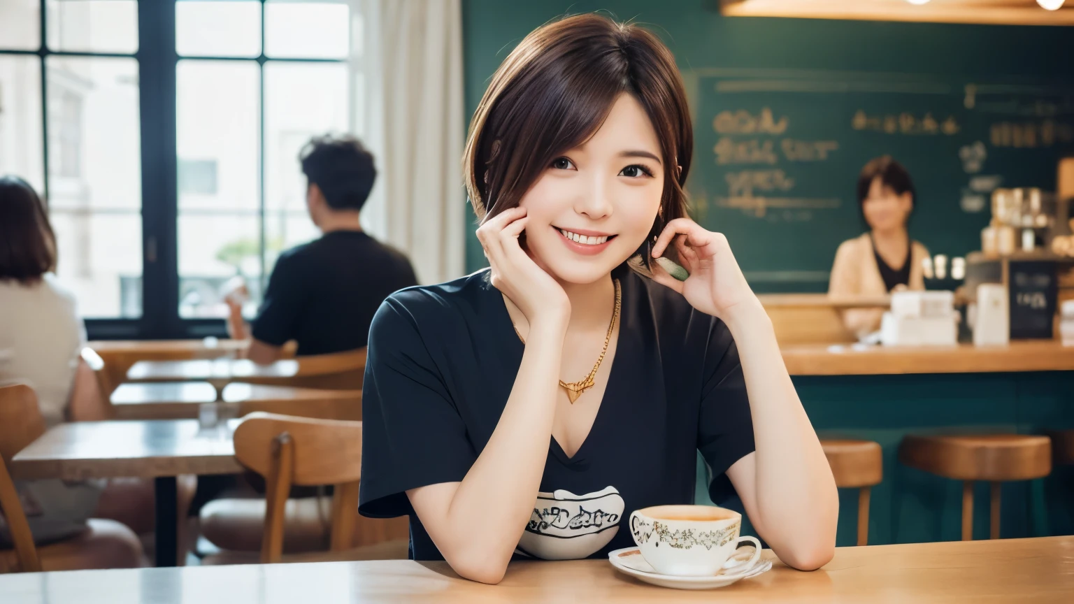 super high quality, Slender, Gravure photoshoot, The staff is working at the counter in the back., (8k、RAW Photos、highest quality、masterpiece:1.2), Japanese Idol, Brown Hair, necklace, Stylish café, The cafe is crowded with people enjoying themselves., (Realistic、Photorealistic:1.37), Mesh Hair, Golden Ratio, Raw photo, Cute face , Light Brown Hair, Earrings, Small breasts, Blurred Background, Spring Clothes, Well-designed furniture, Beautiful hairstyle, Spoiled, Short Bob Hair, Open Cafe, Smile, Hair blowing in the wind, Neat clothes, T-Shirts, 18-year-old,