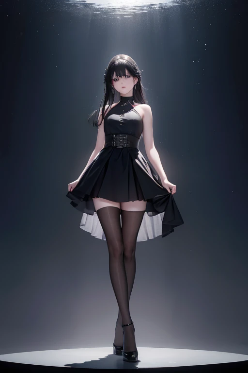 (Obra maestra:1.2), Mejor calidad, (illustration:1.2), (ultra detallado), hiper detalles, (delicado detallado), (detalles intrincados), (cinematic light, Mejor calidad Backlights), Delete line, desde abajo, solista, Cuerpo perfecto, (1 chica), A goth girl. full body black top cropped, black skirt and all-star, (constituir), alto contraste, (mejor iluminacion, un extremadamente creado y hermoso), (cinematic light), vistoso,