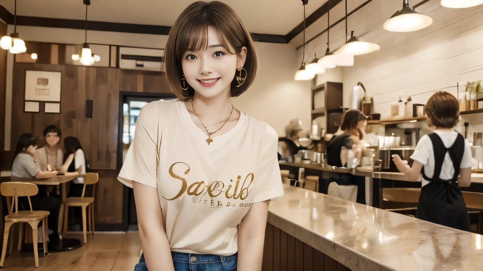 super high quality, Slender, Gravure photoshoot, The staff is working at the counter in the back., (8k、RAW Photos、highest quality、masterpiece:1.2), Japanese Idol, Brown Hair, necklace, Stylish café, The cafe is crowded with people enjoying themselves., (Realistic、Photorealistic:1.37), Mesh Hair, Golden Ratio, Raw photo, Cute face , Light Brown Hair, Earrings, Small breasts, Blurred Background, Spring Clothes, Well-designed furniture, Beautiful hairstyle, Spoiled, Short Bob Hair, Open Cafe, Smile, Hair blowing in the wind, Neat clothes, T-Shirts, 18-year-old, 
