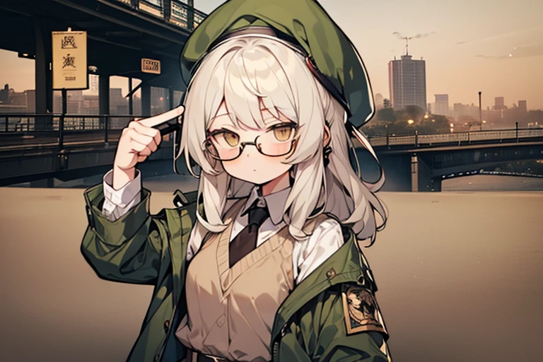 long ahoge,shirt,White hair,Brown eyes,circle-glasses,Brown tie,brown skirt,dark green beret,Dark green jacket,girl with,steampunkai,sleepeace,retro city background,jitome,Frogtie pose, frogtie, bdsm, bondage, bound, bound legs, shibari, rope, spread legs, barefoot, arms behind back,