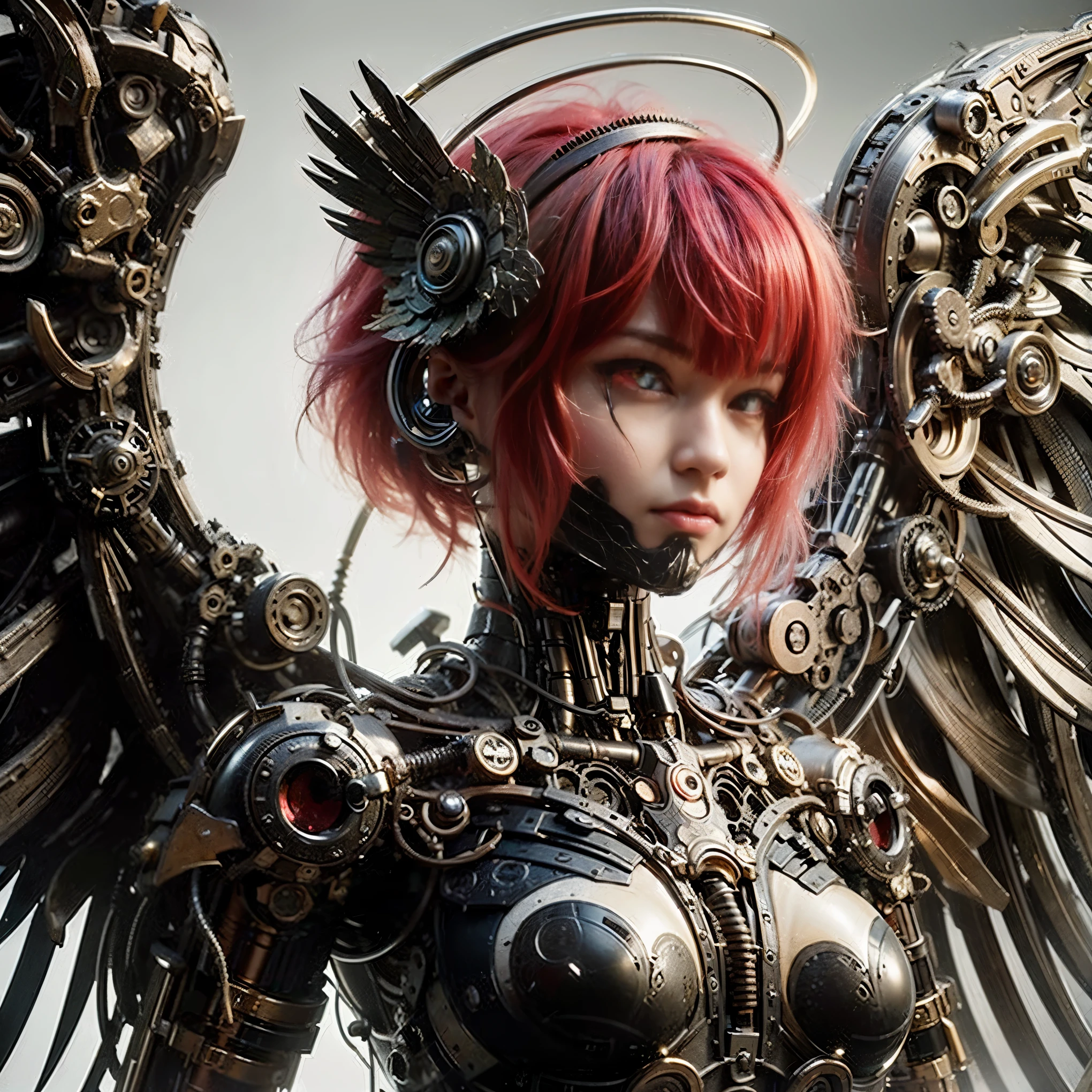 (top-quality:1.2, masterpiece)、ultra high resolution、extremely ultra surrealism, (Photorealsitic:1.4)、Raw photo、(Steampunk Battle Cyborg fallen angel)、large wings made of metal、black porcelain body、red  hair、glowy skin、1 Cyborg girl、(mechanical frame:1.3)japanese, extremely cute face,  ((super realistic details))、portrait、globalillumination、Shadow、octan render、8K、ultrasharp、character edge light、Details of complex ornaments、Acrylic Clear Cover、Sumerian details、Hydraulic cylinder、Small LED lamp、highly intricate detail、Realistic light、a purple eye、radiant eyes、Facing the camera、neon details、cowboy  shot、Futuristic headgear、About Cyberpunk